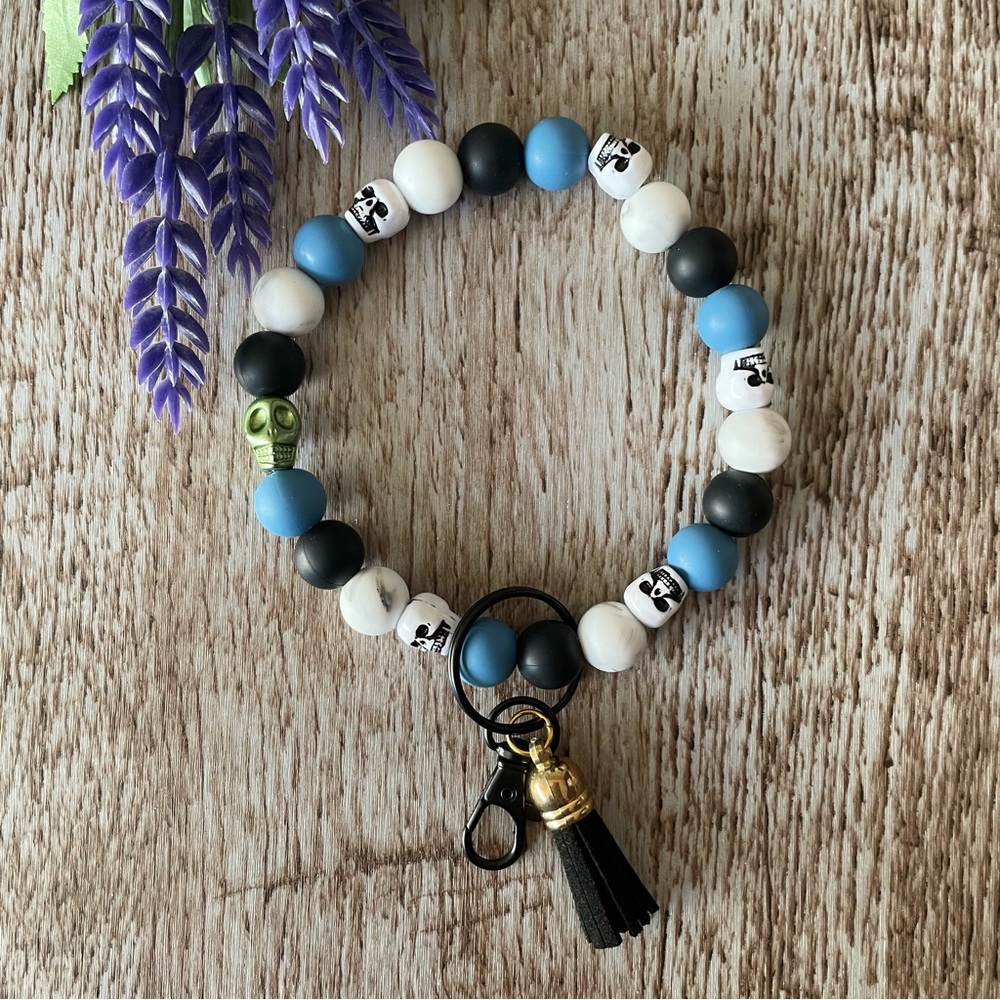 Wristlet Keychain Silicone Beaded Faux Leather Bracelet Skull Women Gift Custom